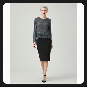 BIBA Pariscop Women’s Gray Lace Blouse Solid Long Sleeve Vintage Top